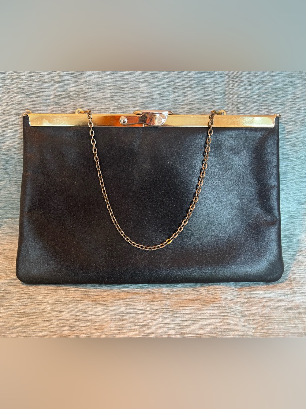 Rare Vintage Etra Black Leather Clutch with Gold Frame and Chain
